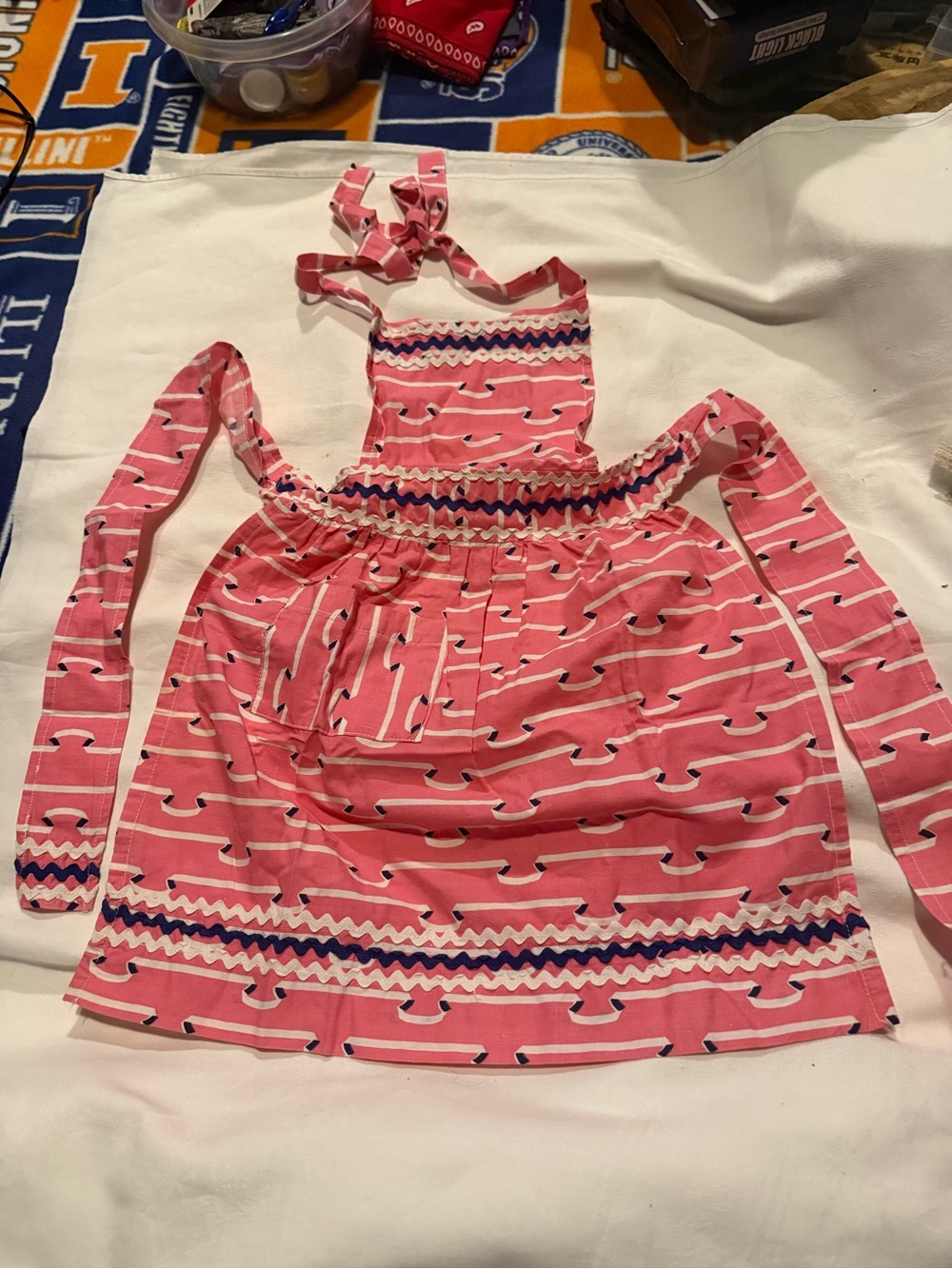 Vintage Child's Full Apron Pink And White With Black Trim